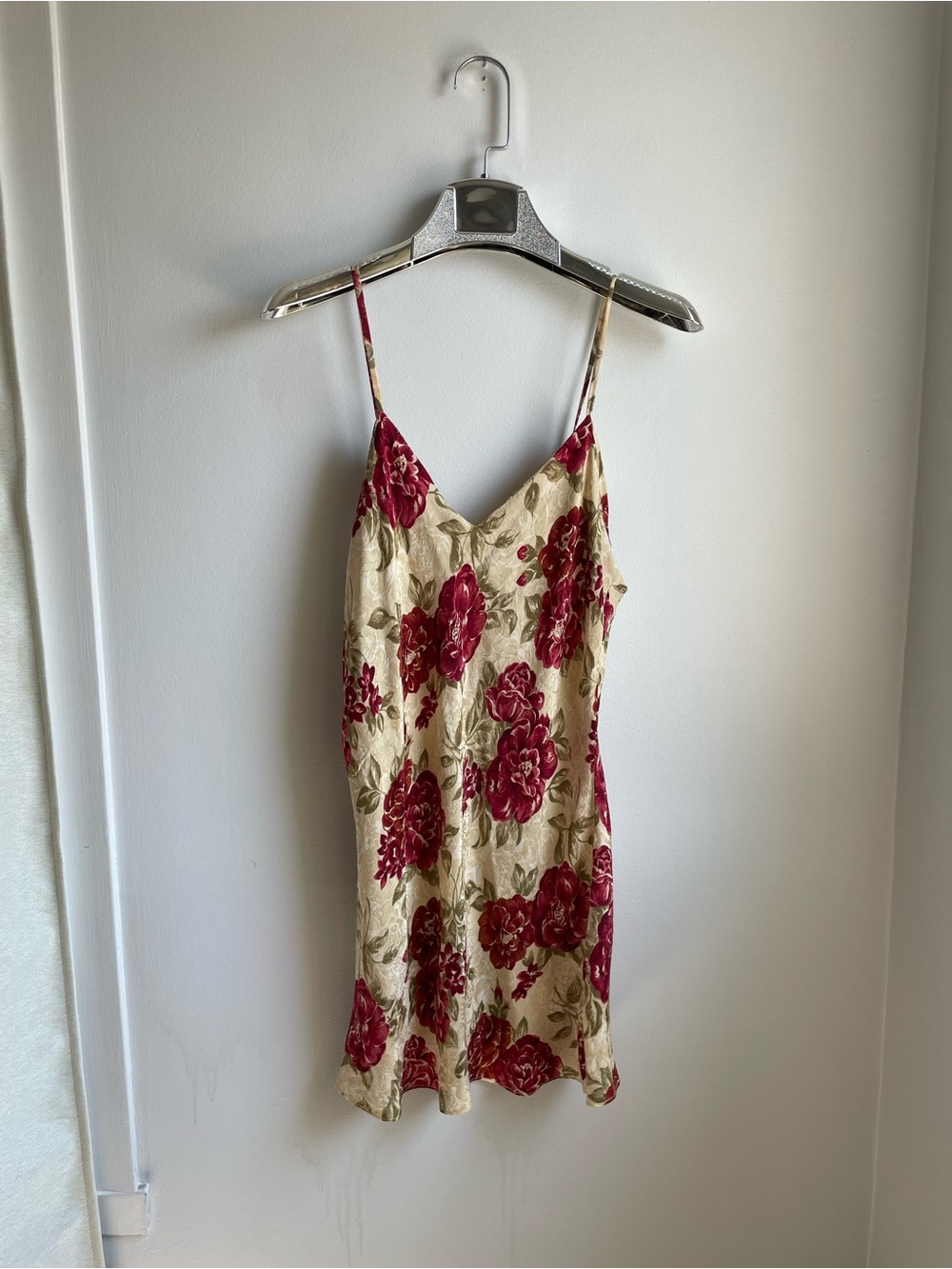 100% Silk Vintage Cream Slip/Negligee with Burgundy Floral Print by Silx-size M